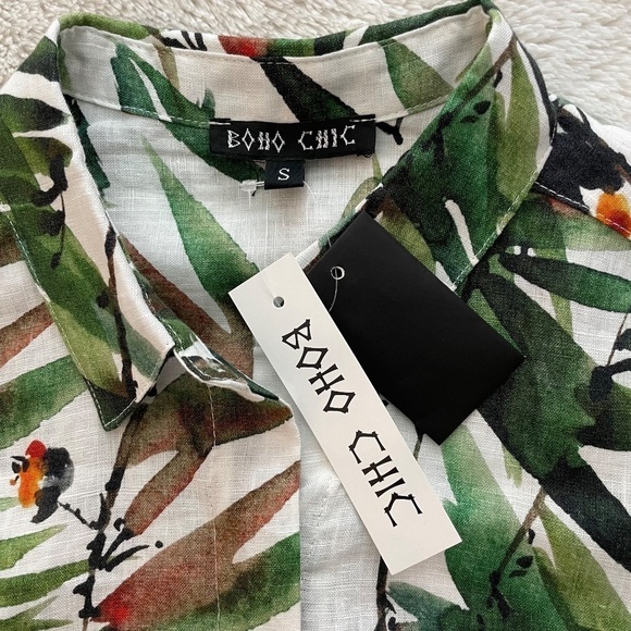 NEW Boho Chic 100% Linen Palm/Floral Print Collared 3/4 Sleeves Tunic Top. Sz. S - Picture 3 of 14